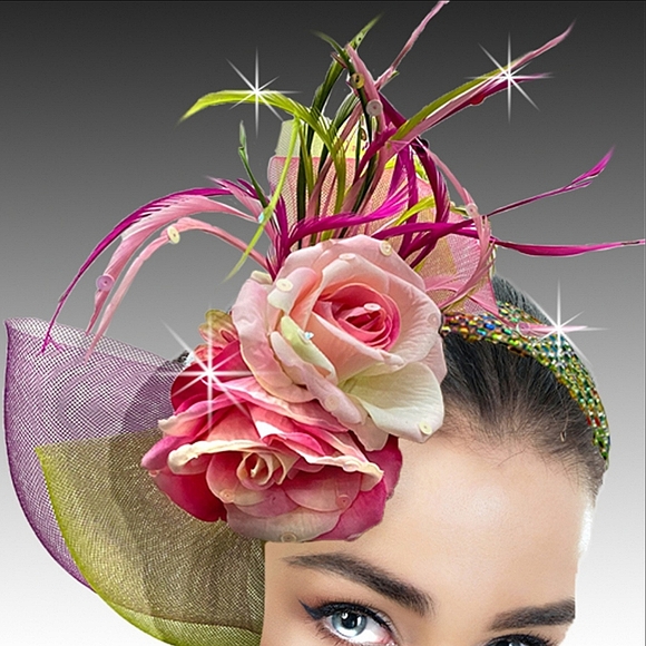Fabulous Couture Pink and Green Flower Feathers Fascinator Jeweled Headband - Picture 1 of 2
